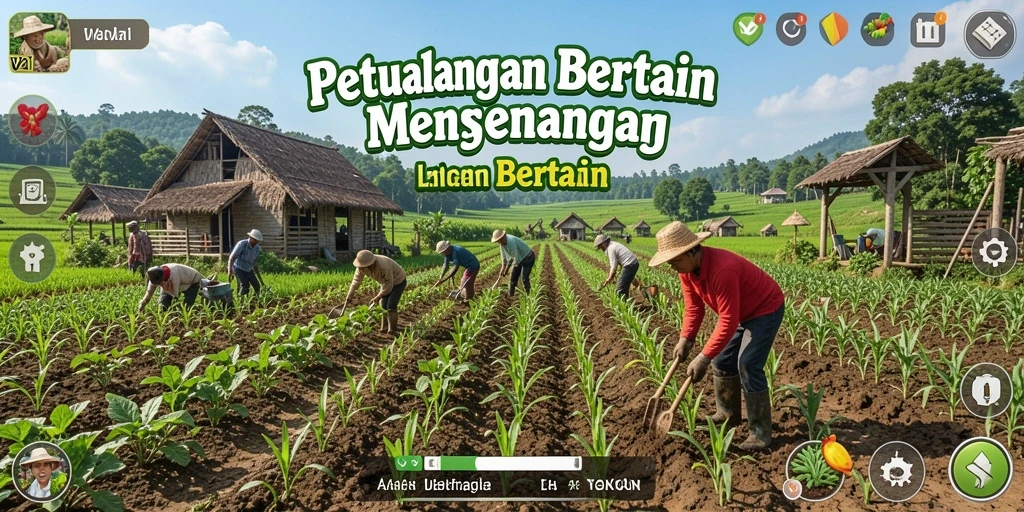 Antarmuka V21 dengan berbagai tanaman dan alat bertani yang menarik.