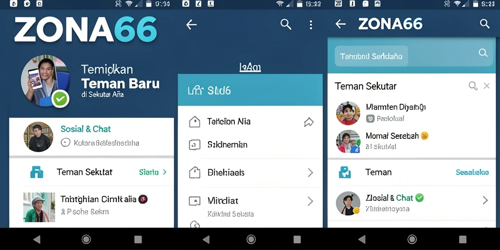 Antarmuka ZONA66 menampilkan fitur Teman Sekitar yang sederhana dan menarik.